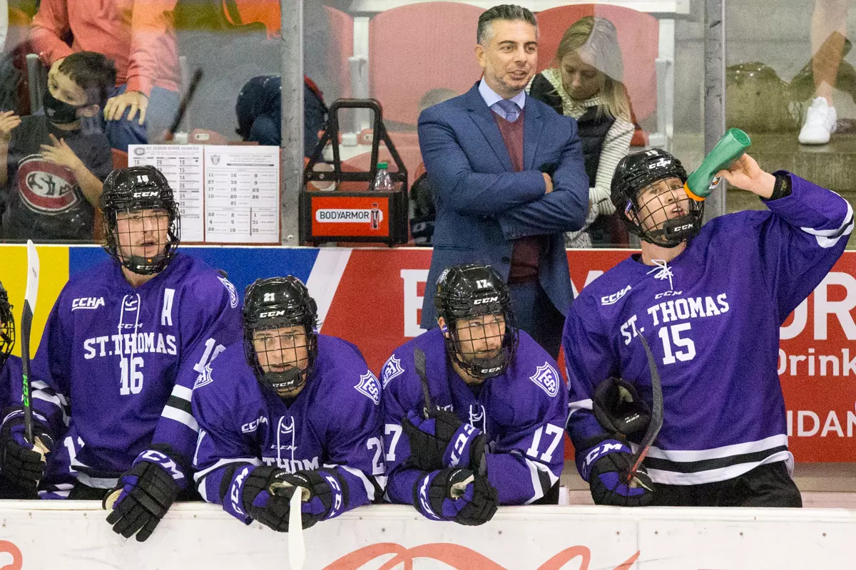2021 October 2 St. Cloud State University and St. Thomas meet in a non conference hockey game at the Herb Brooks National Hockey Center in St. Cloud, MN