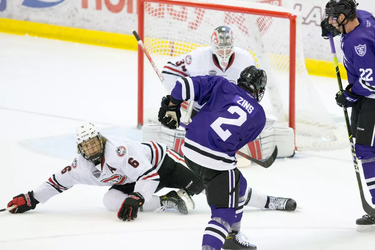 TREVOR ZINS (St. Thomas-2) Luke Jaycox (SCSU-6) David Hrenak (SCSU-34) 2021 October 2 St. Cloud State University and St. Thomas meet in a non conference hockey game at the Herb Brooks National Hockey Center in St. Cloud, MN