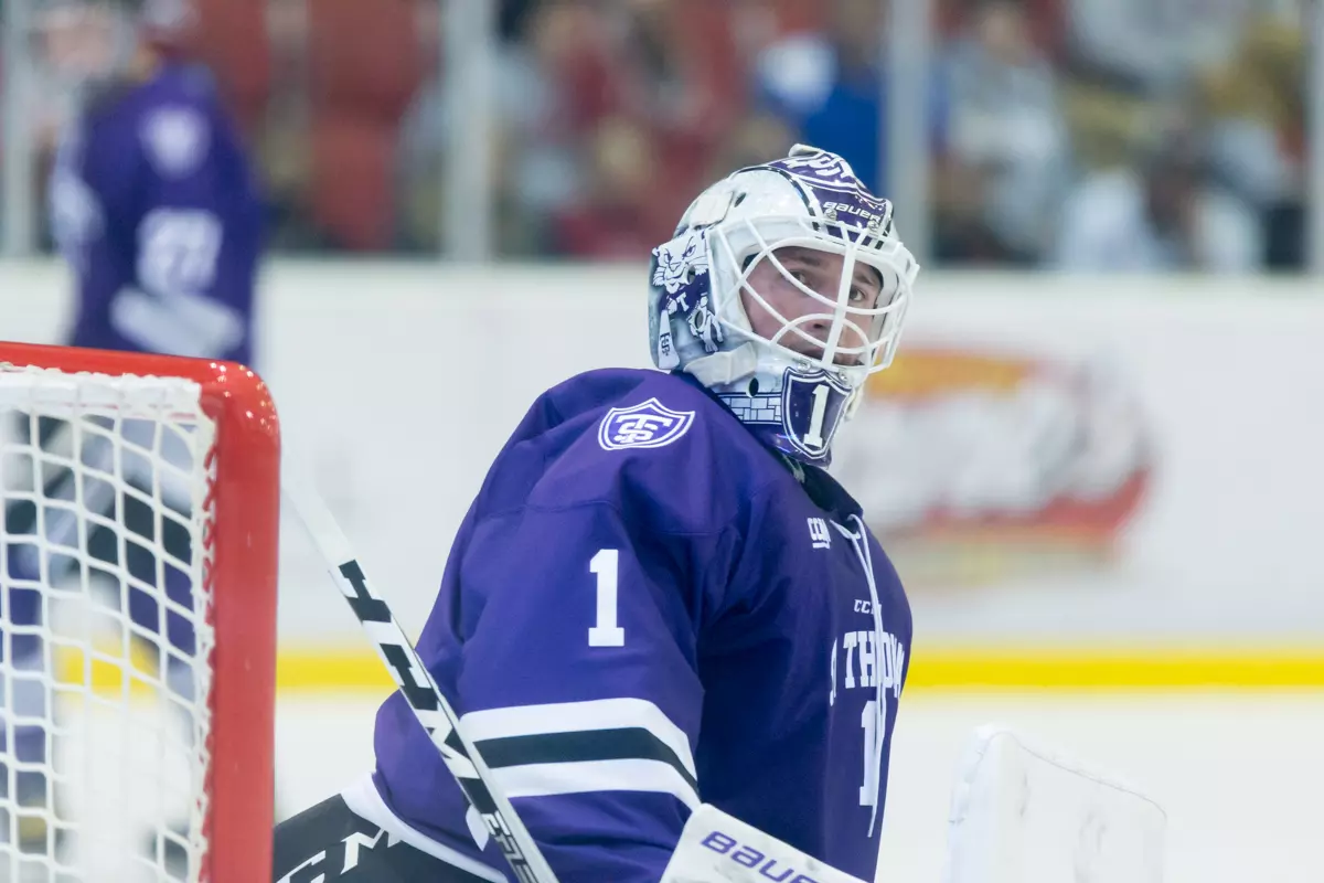 PETER THOME (St. Thomas-1) 2021 October 2 St. Cloud State University and St. Thomas meet in a non conference hockey game at the Herb Brooks National Hockey Center in St. Cloud, MN