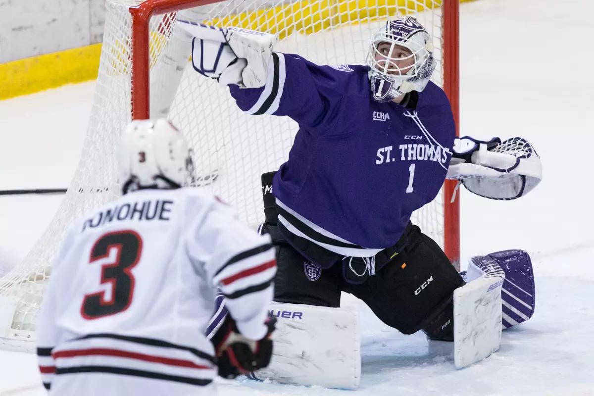 PETER THOME (St. Thomas-1) 2021 October 2 St. Cloud State University and St. Thomas meet in a non conference hockey game at the Herb Brooks National Hockey Center in St. Cloud, MN