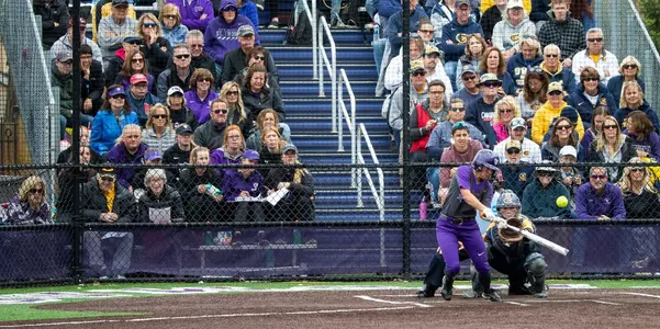 A softball player swings the bat while up to bat during the University of St. Thomas Womenâ??s Softball teamâ??s game against UW-Eau Claire on May 10, 2019 at the South Athletics Fields in St. Paul.
