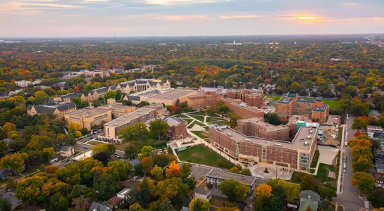 A fall sunset shines over campus on a beautiful fall evening on October 3, 2022, in St. Paul.