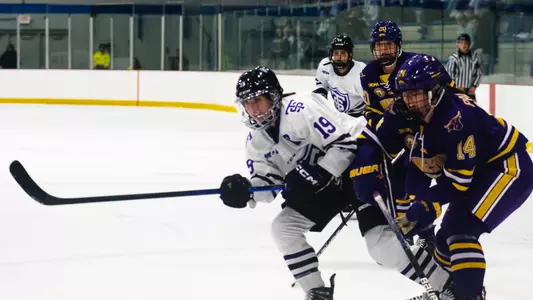 Anna Solheim fighting for the puck