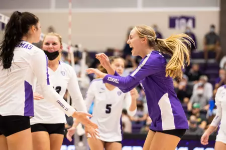 Carrie Rutledge celebrates a point at Schoenecker Arena on September 30, 2021, in St. Paul where the University of St, Thomasâ?? Volleyball Team won their first Division 1 home game against North Dakota.