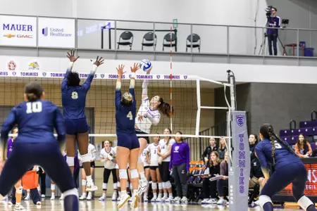 Lauren Galvin is jumping at the net for an attack during the regular season finale November 18, 2024 against Oral Roberts