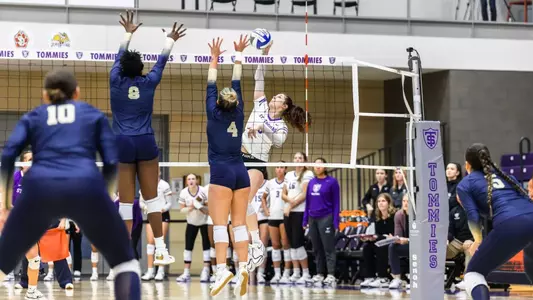 Lauren Galvin is jumping at the net for an attack during the regular season finale November 18, 2024 against Oral Roberts