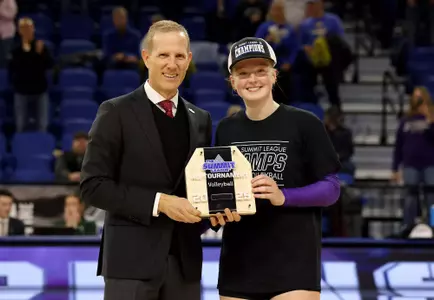 BROOKINGS, SD - November 25: 2025 Summit League Volleyball Championship at First Bank & Trust Arena on November 25, 2025 in Brookings, South Dakota. (Photo by Dave Eggen/Inertia)