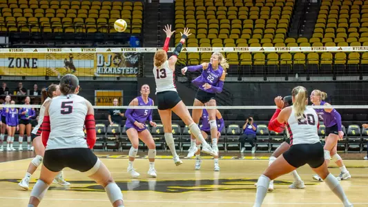 Addie Schmotzer comes down from an attack against a Texas Tech defender during the season opener at the Rumble in the Rockies in Laramie.