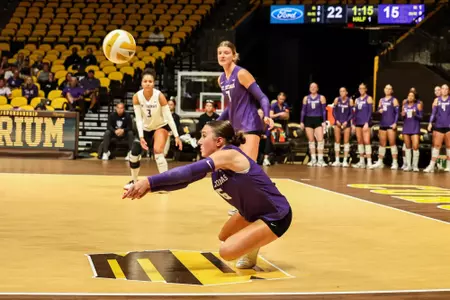 St. Thomas volleyball in action against Texas Tech during the Rumble in the Rockies tournament on August 29, 2026, in Laramie, Wyoming.