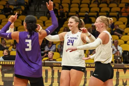St. Thomas Volleyball fell to Wyoming in three sets to close the Rumble in the Rockies Sunday, August 30.