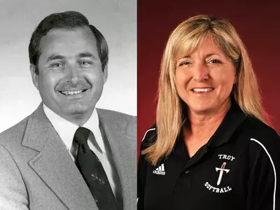 Former AD Robert Earl Stewart (L) and softball coach Melanie Davis