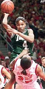 Grace Daley runs into Texas Tech's Keitha Dickerson during their second-round NCAA Mideast Region game in Lubbock, Texas, Monday.
