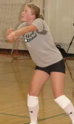 Freshman libero Jenn Miller digs an attacked ball in Wednesday's practice at the Reily Center.