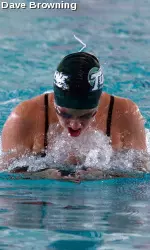 Freshman Erin Cunningham (pictured) teamed with Lauren Pfohl and Grace Tarka to finish third in the 3x100 backstroke Friday at the North Texas Relays.