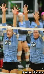 Senior Cori Martone and junior Anna Wruck were big at the net for the Green Wave against UTSA, but it was not enough