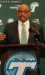 Tulane head coach Curtis Johnson addresses the media during Wednesday's NCAA Signing Period press conference in the Hall of Fame Room of the James W. Wilson, Jr., Center.