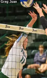 Junior outside hitter Tea Juric tips around the block for one of her team-high 10 kills during Tulane's 3-0 win over Nicholls State in the Allstate Sugar Bowl Collegiate Classic.