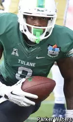 Redshirt-junior wide receiver Devon Breaux paced Tulane in receptions (4) and receiving yards (87) at Georgia Tech on Saturday