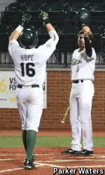 Hunter Hope celebrates his fourth home run of the season in the bottom of the first against Furman on Friday