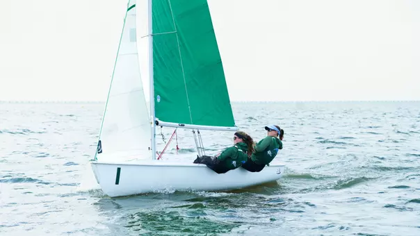 Oakley Cunningham and Hope Breslin sailing for Tulane in SEISA Team Race Championships.