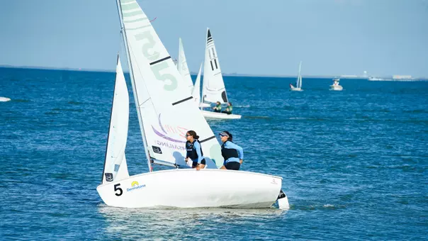 Gabriela Vassel and Caitlin Briggs sail for Tulane at the ICSA Women's Fleet Race Championships.
