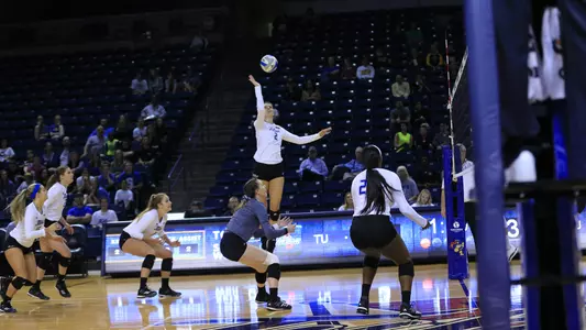 volleyball players hitting the ball