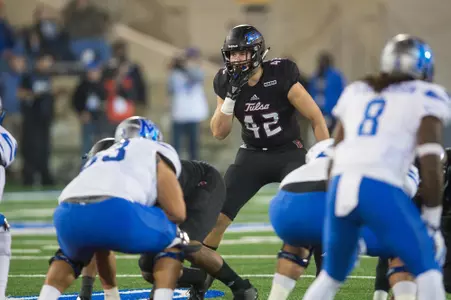Tulsa's linebacker Cooper Edmiston (center) looks into the backfield during the game against Memphis at H.A. Chapman Stadium in Tulsa, OK on 11/3/17.  BRETT ROJO/For the Tulsa World