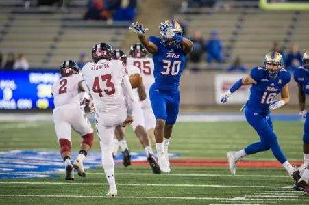 Tulsa's safety Ryan McDaniel (30) - Temple vs TU - BRETT ROJO/For the University of Tulsa