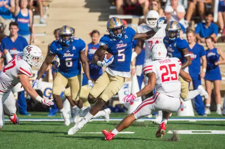 Tulsa's safety McKinley Whitfield (5) Houston vs TU - BRETT ROJO/For the University of Tulsa