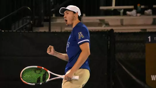 Jarod Hing celebrating in dual vs. Oral Roberts