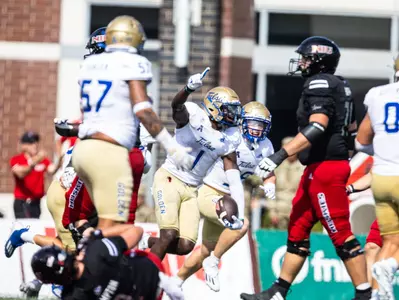 Tulsa University’s Kendarin Ray, celebrates after a late game interception against Northern Illinois University, in DeKalb, IL, on Saturday, Sept. 23, 2023. Photo by Vincent D. Johnson