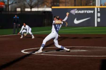 Maura Moore delivers a pitch against Pitt