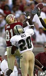 Defender Dio Hill breaks up a pass intended for Florida State's P.K. Sam.
