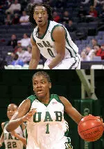 Squeaky Johnson (top) and Crystal McFadden (bottom) and the UAB men's and women's basketball teams celebrate Midnite Madness Friday.