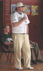 Jimbo Crew speaks to students at Hill Elementary on Wednesday.