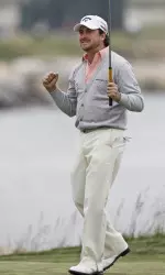 Graeme McDowell of Northern Ireland reacts after winning the U.S. Open golf tournament Sunday, June 20, 2010, at the Pebble Beach Golf Links in Pebble Beach, Calif. (AP Photo/Eric Risberg)