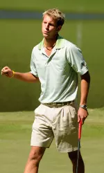Senior Jason Shufflebotham reacts after recording a birdie on the 12th hole. He went on to set a new career-best 18-hole mark of 64 on Tuesday.