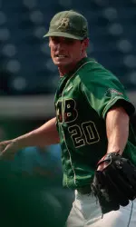 RHP Michael Busby celebrates after escaping a bases loaded jamin the seventh