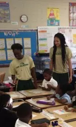 Sophomore Chelsee Black and freshman Kasey Drayton with some of the students.