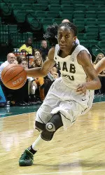 Senior Ashley Grimes scored her second career double-double in the win.