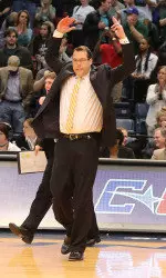 UAB head coach Jerod Haase celebrates with the crowd after Friday's win.