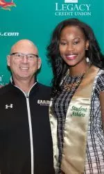 Keonna Farmer with women's basketball head coach Randy Norton. Farmer graduates with a degree in Communications Studies.