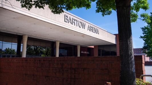 Exterior of Bartow Arena with blue sky in the background, April 2020.