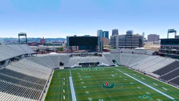 Drone still of Protective Stadium showing the stencils being painted on the field, August 2024.