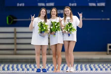 UB Swimming & Diving seniors Grace Wood, Marij van der Mast and Kasey Keaney