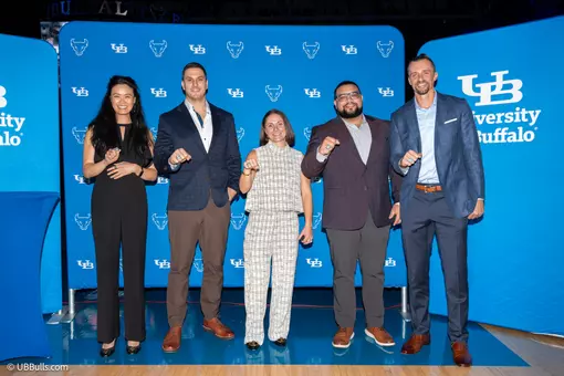 2025 UB Athletics Hall of Fame Inductees Denise Harijanto, Jamey Richard, Alexis Curtiss, Jon Jones and Jamey Richard (not pictured: Mitchell Watt)