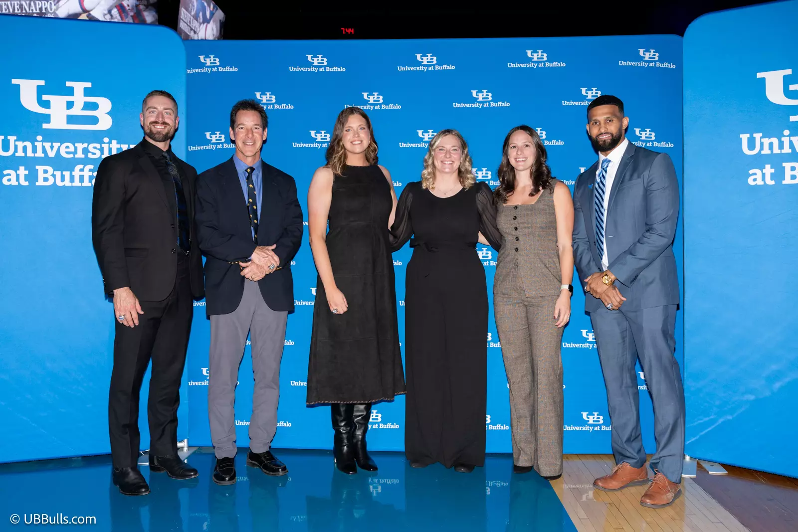 2026 Dr and Mrs Edmond J Gicewicz Family UB Athletics Hall of Fame Inductees (L-R) Tom Murphy, Steve Nappo, Jessica Powers, Jackie Hall, Kelly Svoboda and Davonte Shannon.