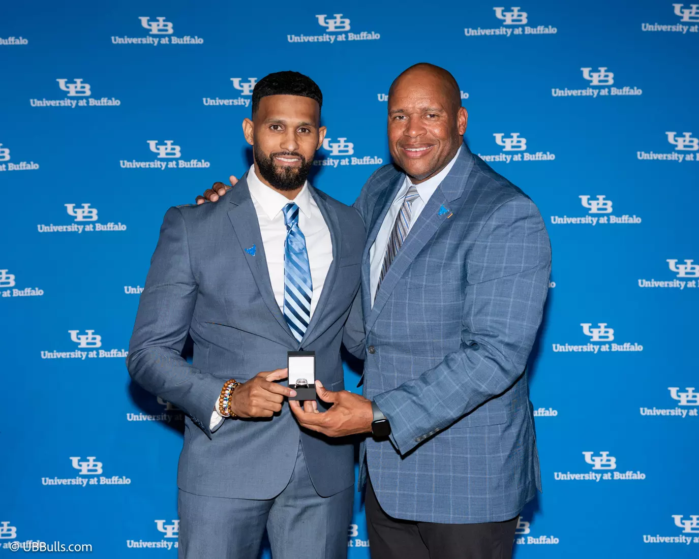 2026 Dr and Mrs Edmond J Gicewicz Family UB Athletics Hall of Fame Inductee Davonte Shannon (Football) with UB Vice President and Director of Athletics Mark Alnutt