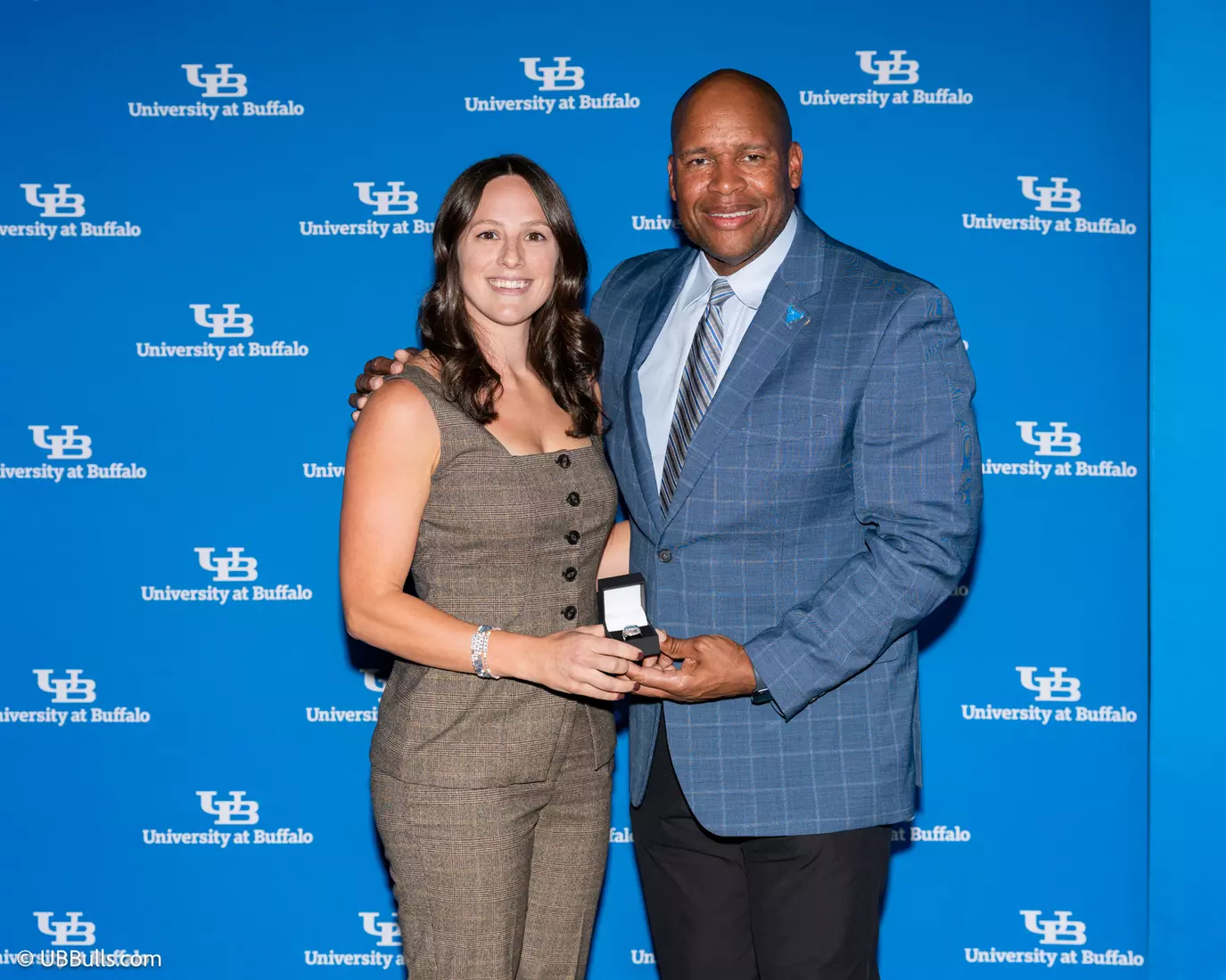 2026 Dr and Mrs Edmond J Gicewicz Family UB Athletics Hall of Fame Inductee Kelly Svoboda (Volleyball) with UB Vice President and Director of Athletics Mark Alnutt