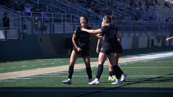 Mimi Yamamoto celebrates after a goal at Cal Poly in 2026